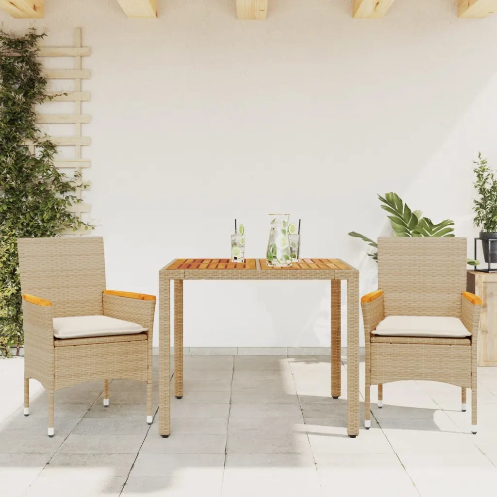 Set Pranzo da Giardino 3pz | Set Salotto da Giardino con Cuscini Beige Polyrattan Acacia