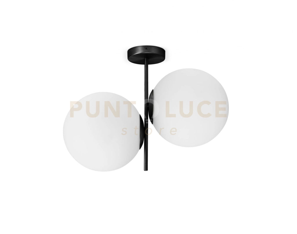 JUGEN BLACK LAMPADARIO DA SOFFITTO 2 LUCI VETRO BIANCO STRUTTURA NERA ATTACCO E27 H.39CM D.25CM