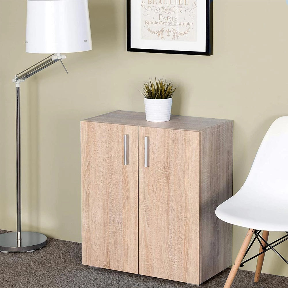 Mobile Madia con Doppia Anta 2 Ripiani Mobiletto Credenza Cucina Bagno Quercia