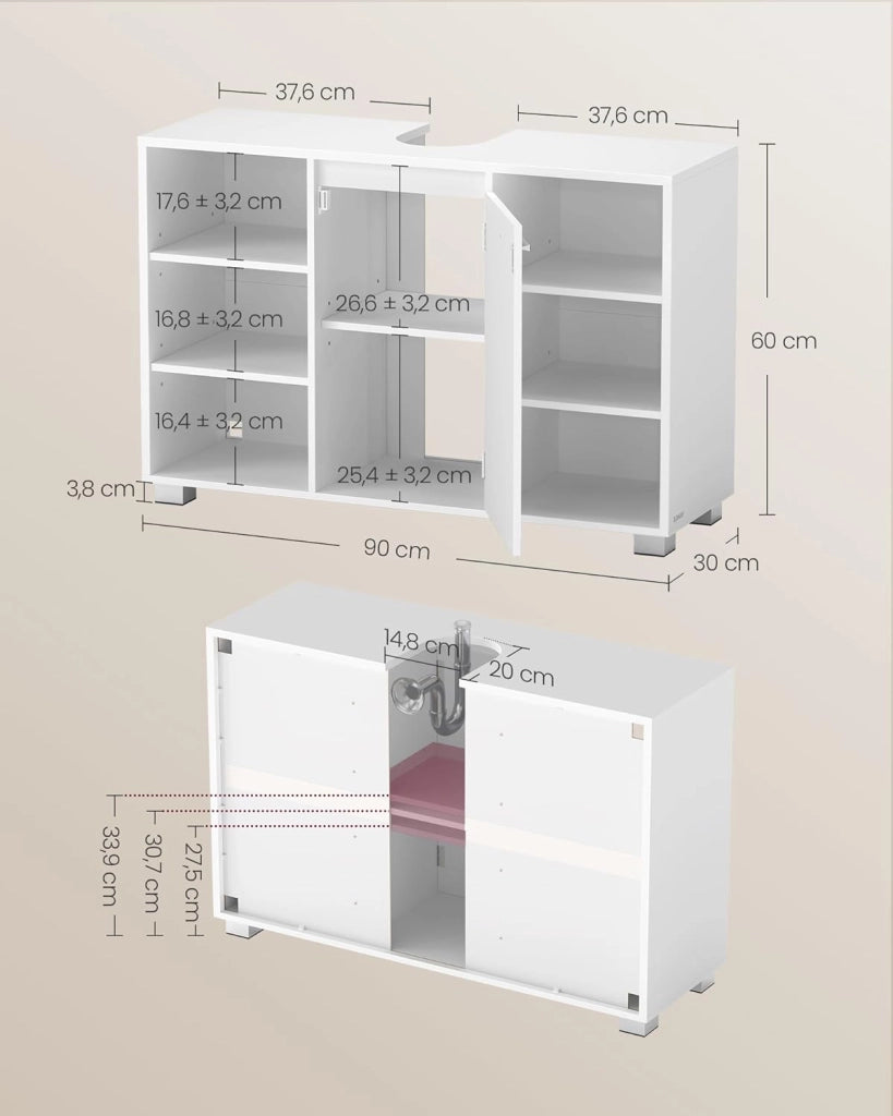 VASAGLE Mobiletto Sotto Lavabo, Mobile da Bagno con Ripiani Regolabili, 30 x 90 x 60 cm, con Piedini, Bianco Nuvola BBK507W01