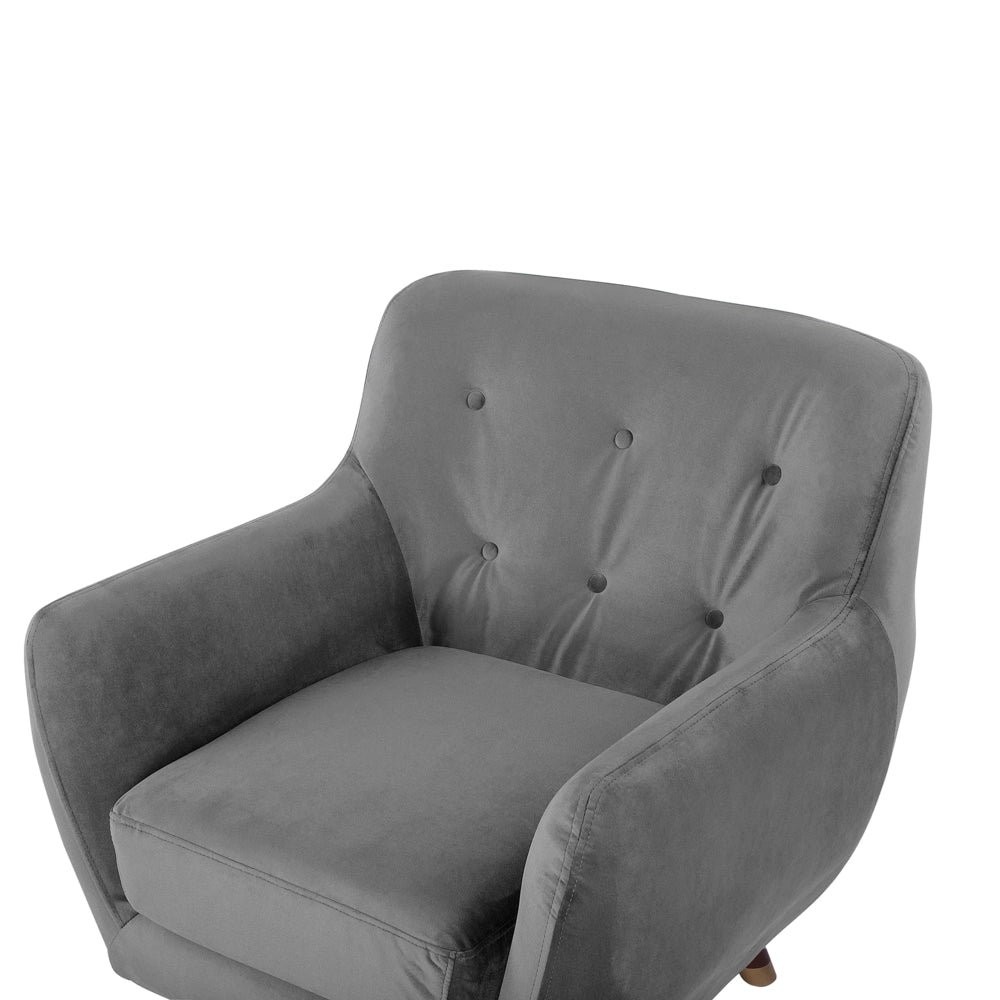 Poltrona in velluto grigio con gambe in legno con schienale capitonnè