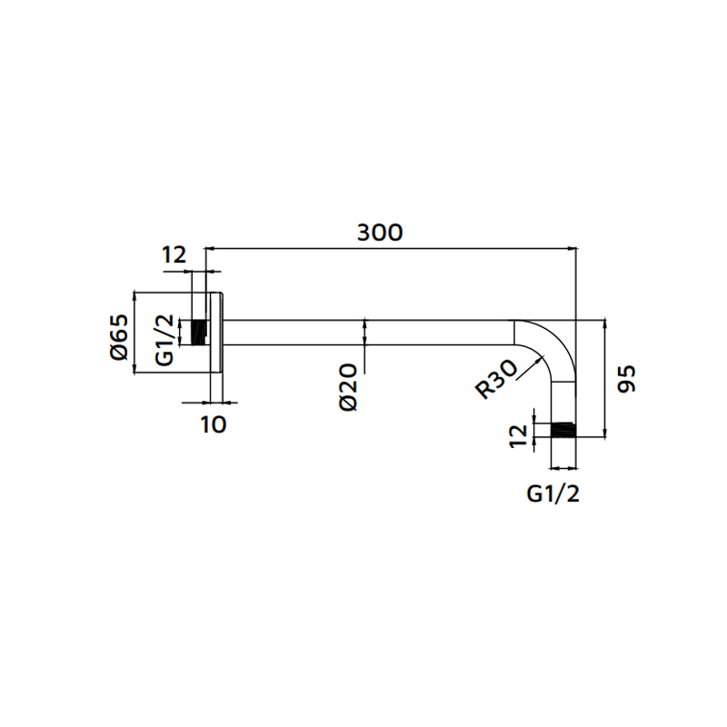 Braccio doccia tondo 30 cm acciaio spazzolato con attacco universale