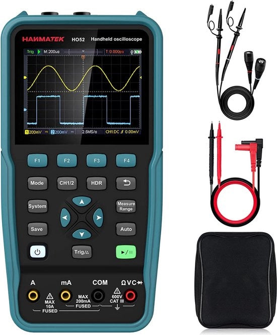 Oscilloscopio a mano - 50MHz di banda - 2 canali - Oscilloscopio/multimetro 2 in 1 - Oscilloscopio digitale - Schermo con illuminazione di retroilluminazione TFT - Funzione di calibrazione automatica