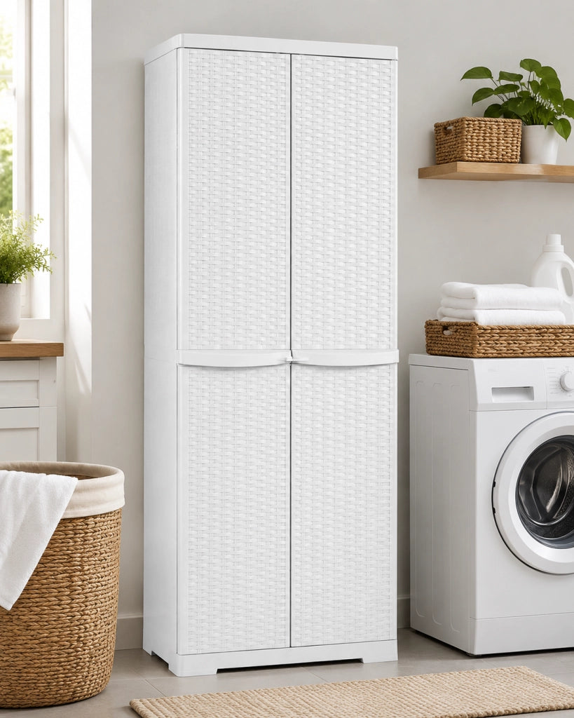 MOBILETTO IN POLIPROPILENE 4 RIPIANI IN RATTAN H.178- L cm. 65 x P cm. 45 Bianco- TRIOP- pezzi 1
