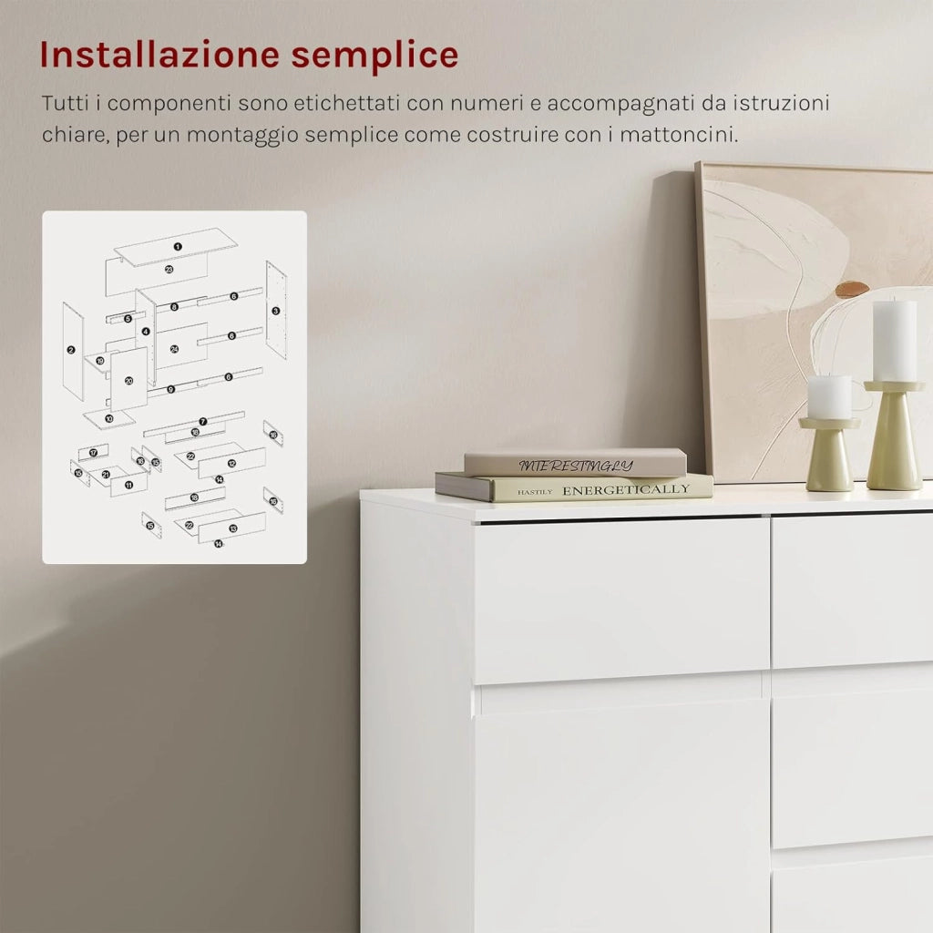 Cassettiera Camera da Letto, Mobiletto Salvaspazio con 5 Cassetti e 1 Armadietto, Ripiano Regolabile, per Soggiorno, Ingresso, 100x40x80 cm, Bianco