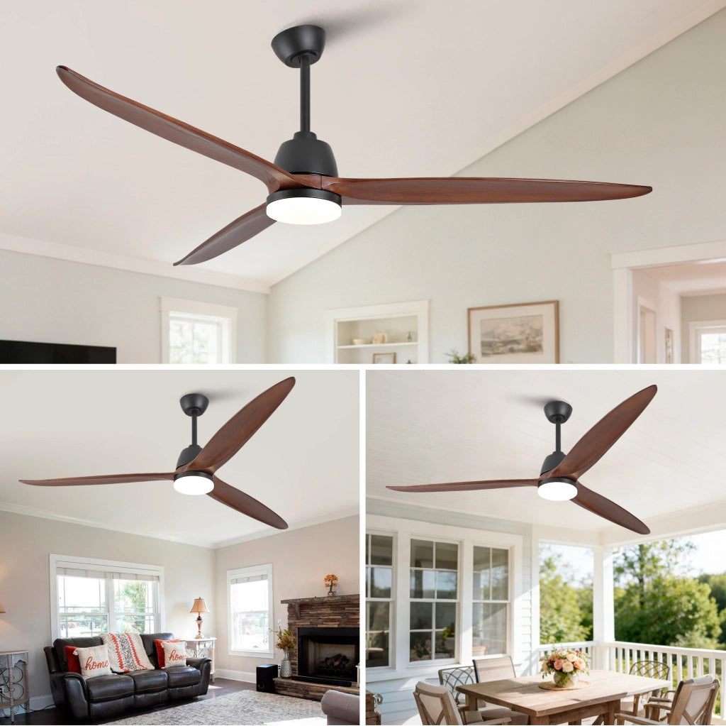 Ventilatore da soffitto moderno da 72 pollici con 3 pale in legno d'acero; luce LED dimmerabile; nero e noce scuro