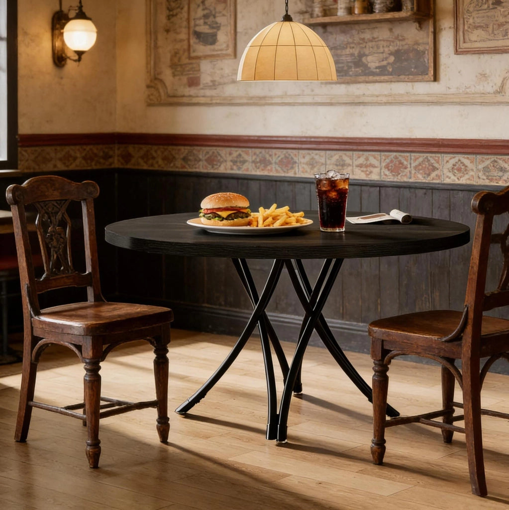 Tavolo da pranzo rotondo nero 120 cm con gambe a croce, design classico