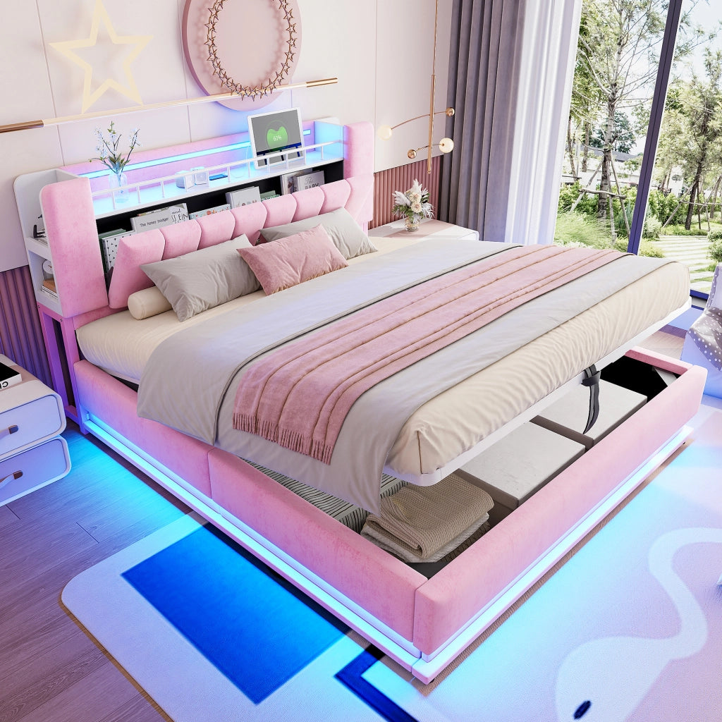 OKWISH Letto Contenitore 180×200 cm, Letto Matrimoniale con LED, USB, Tipo C e Contenitore Idraulico, senza Materasso, in Velluto, Rosa