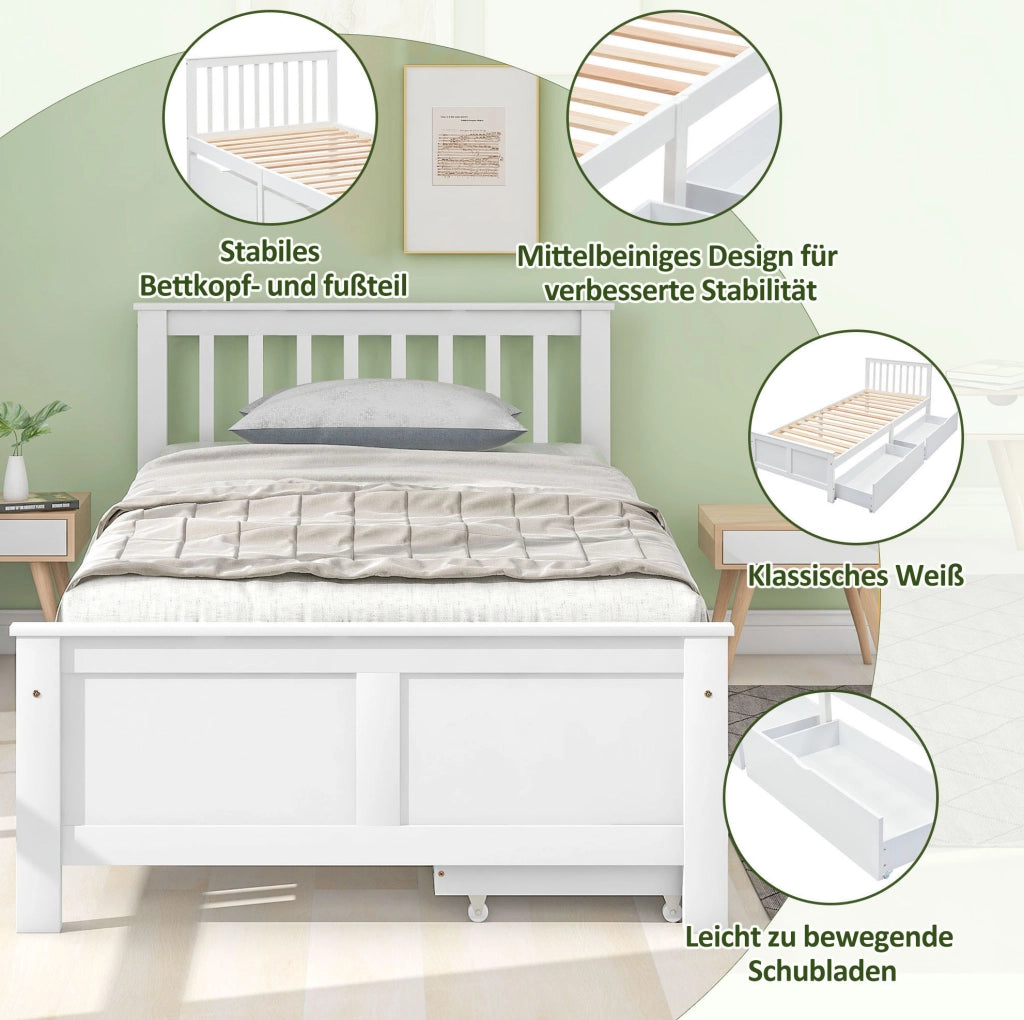 Letto singolo in pino bianco 90x200 cm con 2 cassetti e rete a doghe