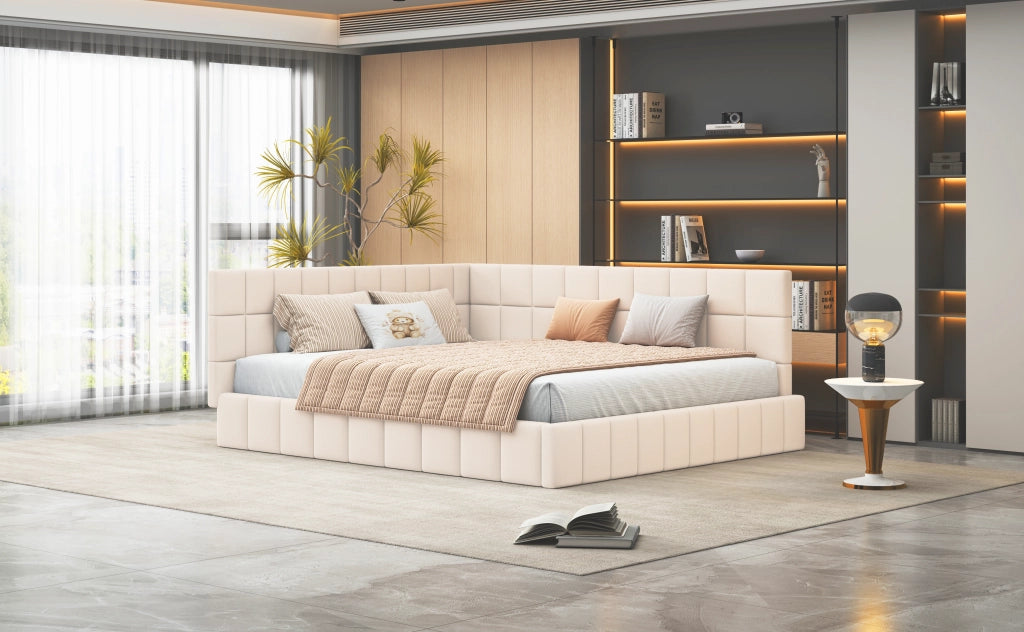 Divano letto imbottito in velluto con schienale e braccioli; beige; 160x200 cm; senza materasso