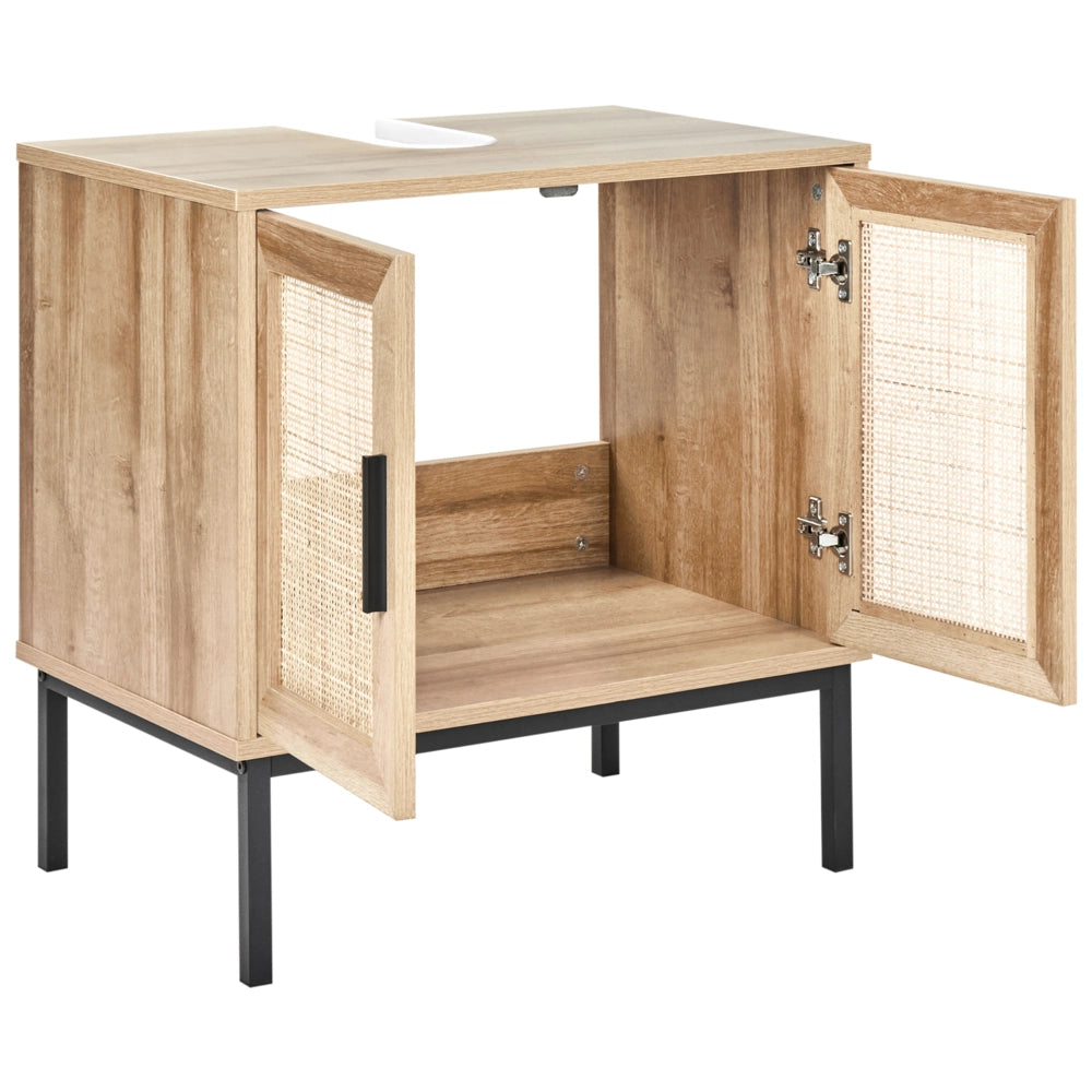 Mobiletto da bagno in particelle di legno chiaro Rattan intrecciato 60 x 60 cm Boho Design