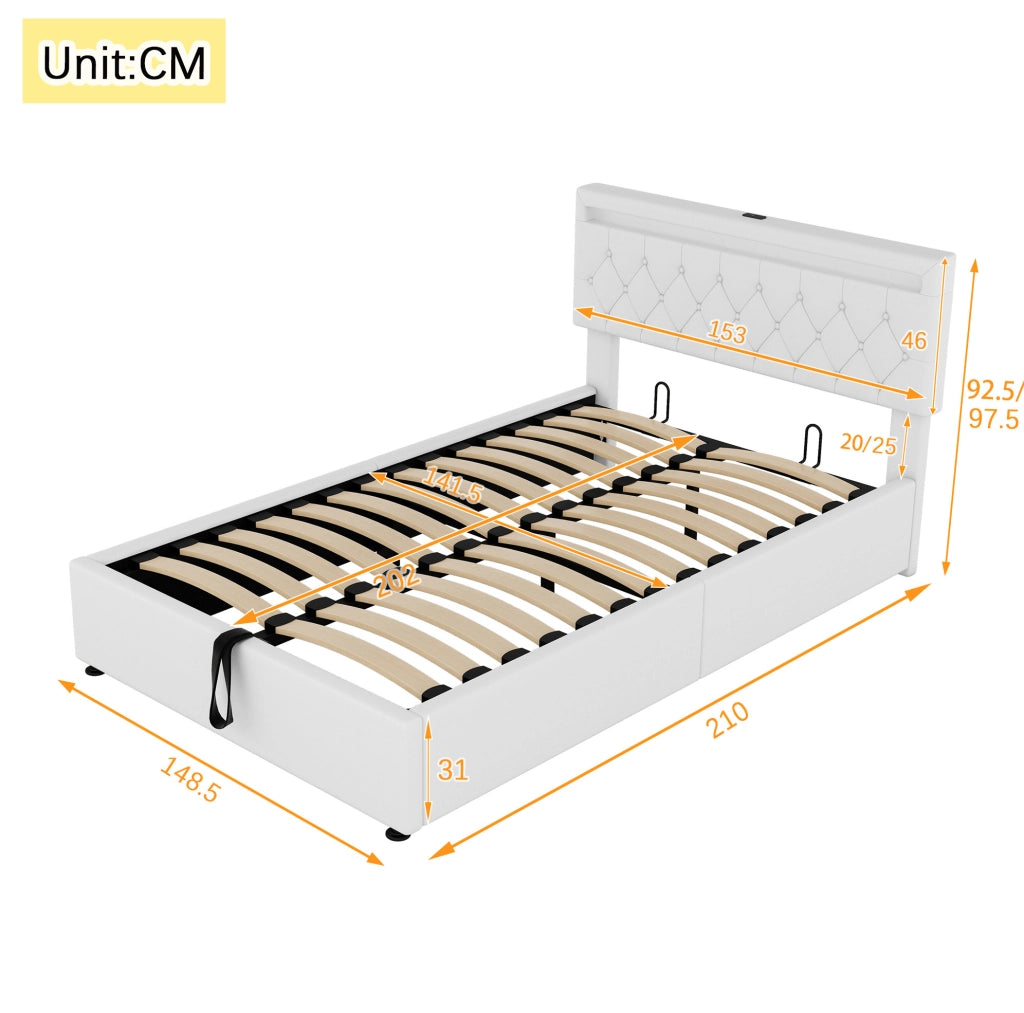 Letto imbottito 140x200 cm; sollevabile con LED e porte USB; in lino e MDF; bianco