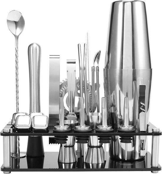 Set di Shaker per Cocktail con 23 accessori in acciaio inossidabile, kit di bar con standard in acrilico e libretto di ricette.