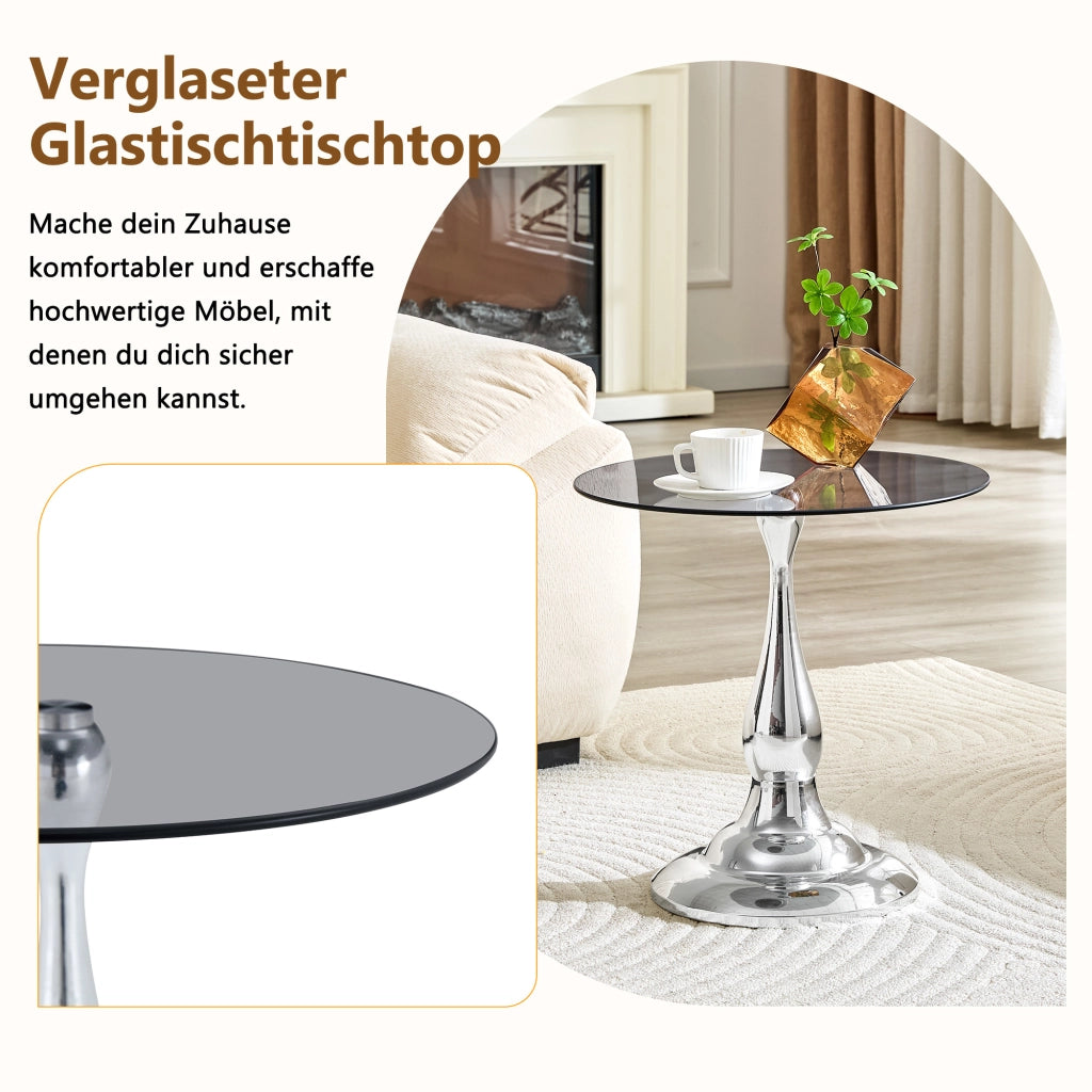 Tavolino basso rotondo in vetro temperato con base in metallo per soggiorno e camera da letto argento 50 × 51,5 cm