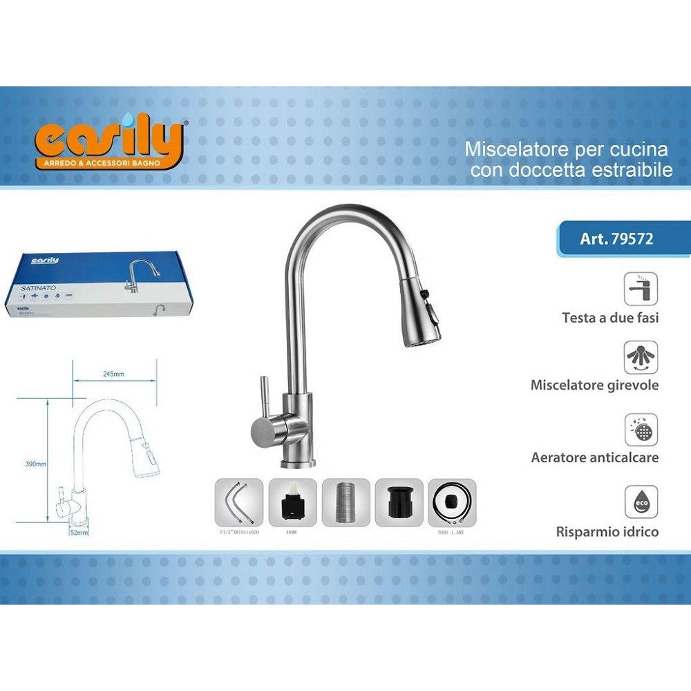 Trade Shop - Miscelatore Cucina Rubinetto Con Doccetta Estraibile Monocomando Satinato 79572 -
