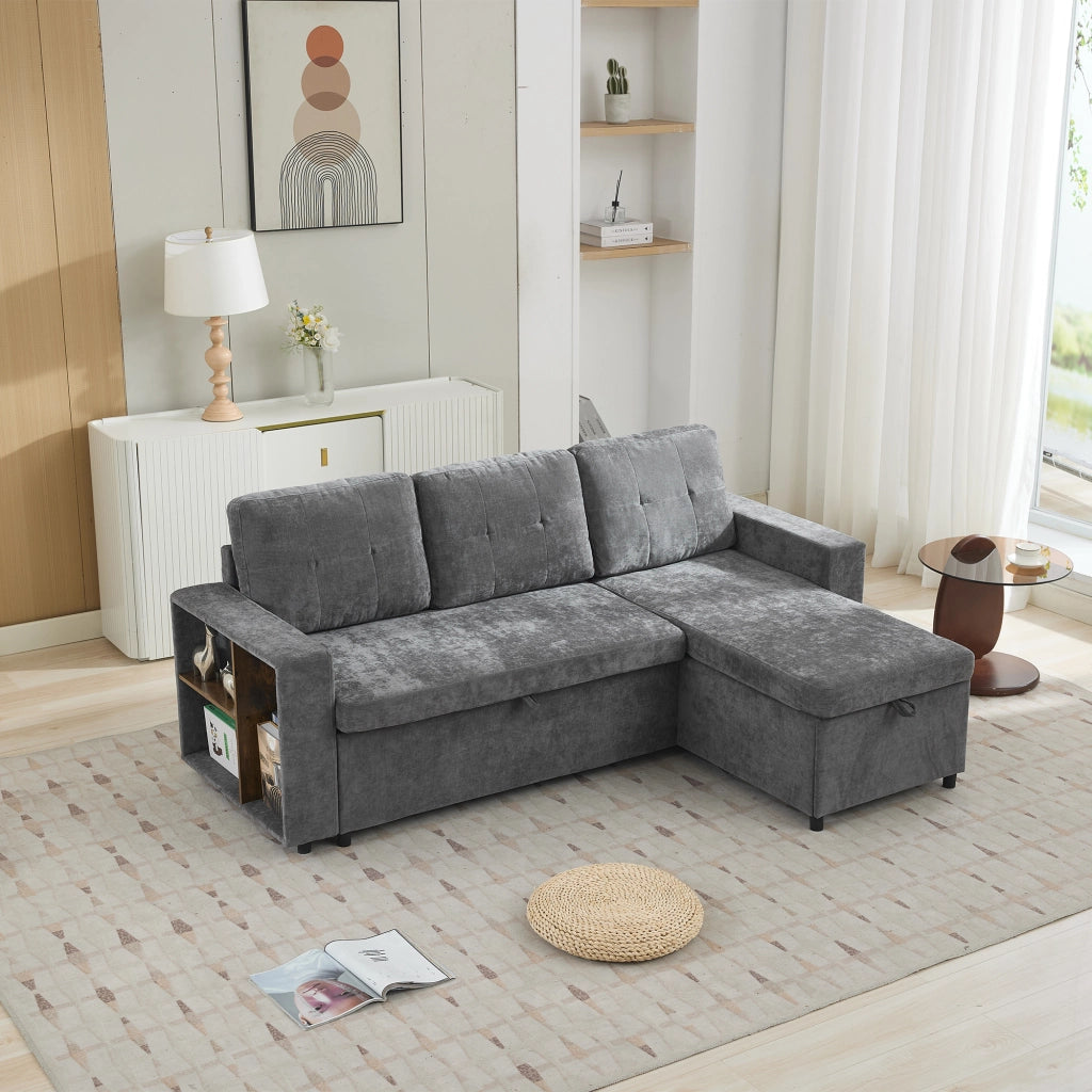 Divano angolare con contenitore e chaise longue reversibile con ripiani in chenille grigio 202 × 136 × 85 cm
