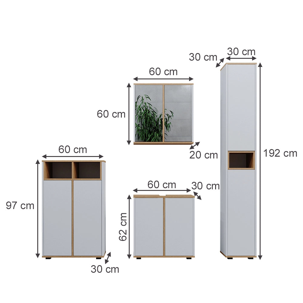 Vicco Set mobili bagno Bianco/Artisan 4 pezzi, con colonna e mobile midi con ante