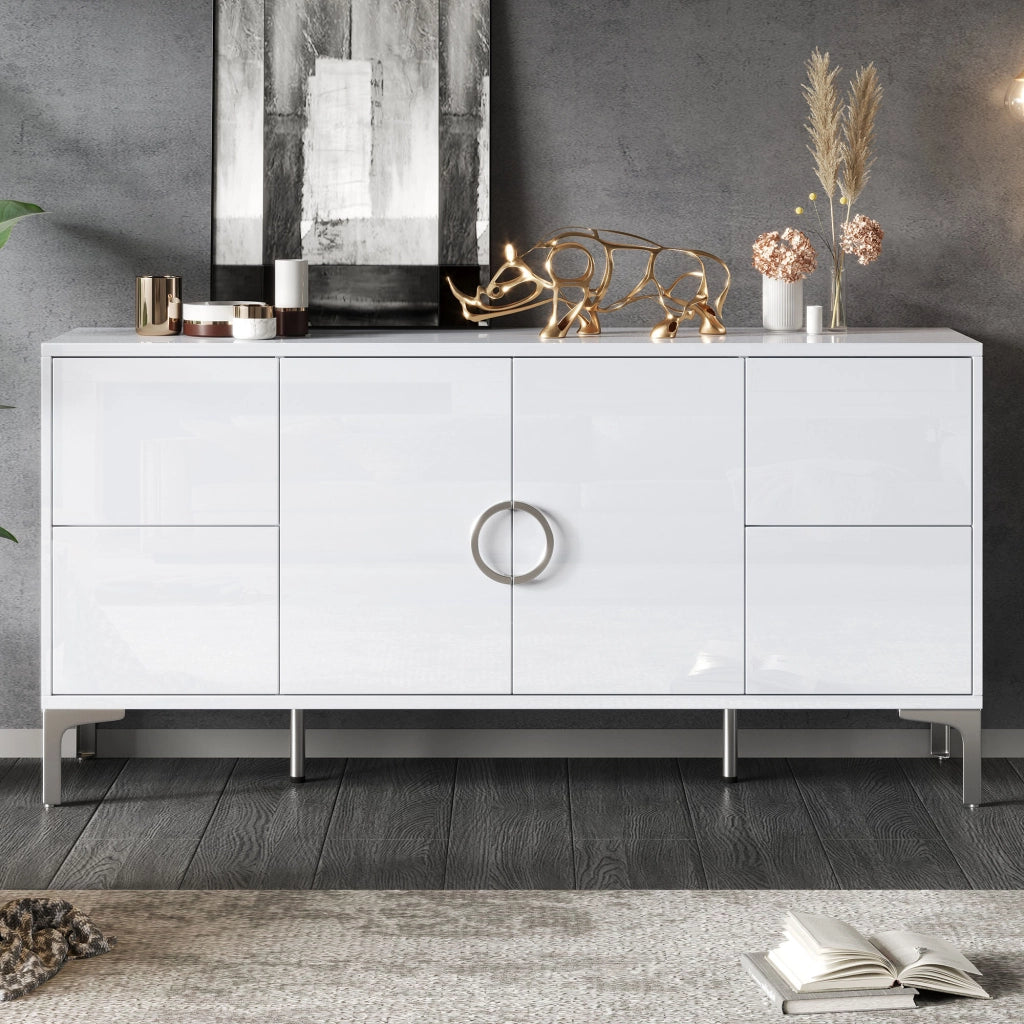 Sideboard 150 ¡Á 38 ¡Á 59,5 cm, bianco lucido, con 4 cassetti e 2 ante, struttura in MDF e piedi in metallo