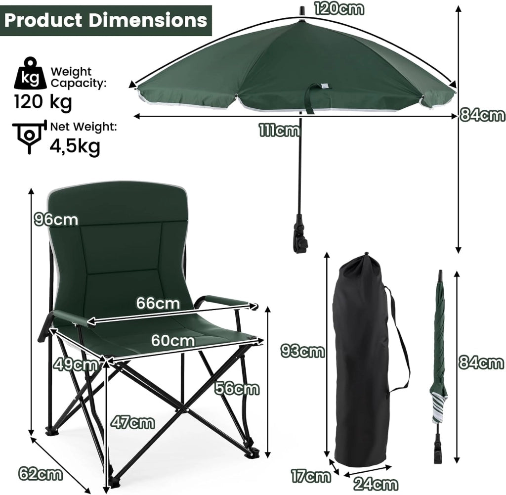 Sedia da campeggio con ombrellone, sedia da spiaggia con braccioli e cuscini imbottiti, sedia da pesca con borsa per il trasporto, carico 150 kg, sedia pieghevole per barbecue, giardino