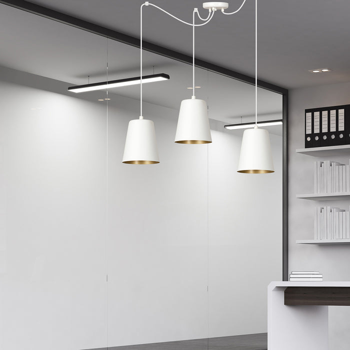 Lampadario 3 Luci Link In Acciaio Cavo Lungo E Paralumi Cono Bianco E Oro