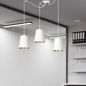 Lampadario 3 Luci Link In Acciaio Cavo Lungo E Paralumi Cono Bianco E Oro