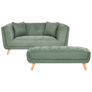 Divano a due posti in tessuto con poggiapiedi cuscini decorativi e gambe in legno trapuntatura decorativa stile retrò verde