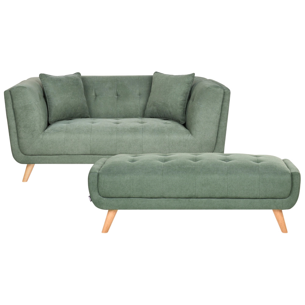 Divano a due posti in tessuto con poggiapiedi cuscini decorativi e gambe in legno trapuntatura decorativa stile retrò verde
