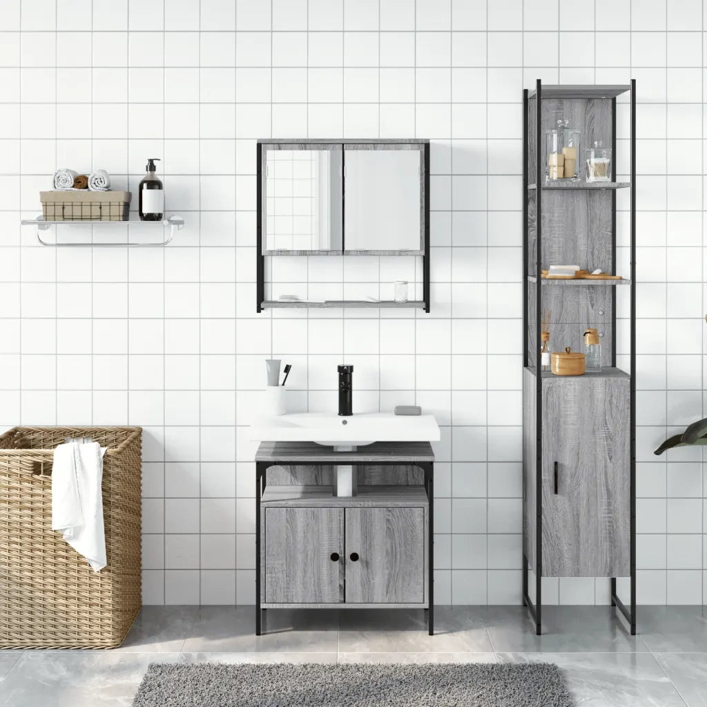 Set Mobili da Bagno | Armadio da bagno 3 pz Grigio Sonoma in Legno Multistrato