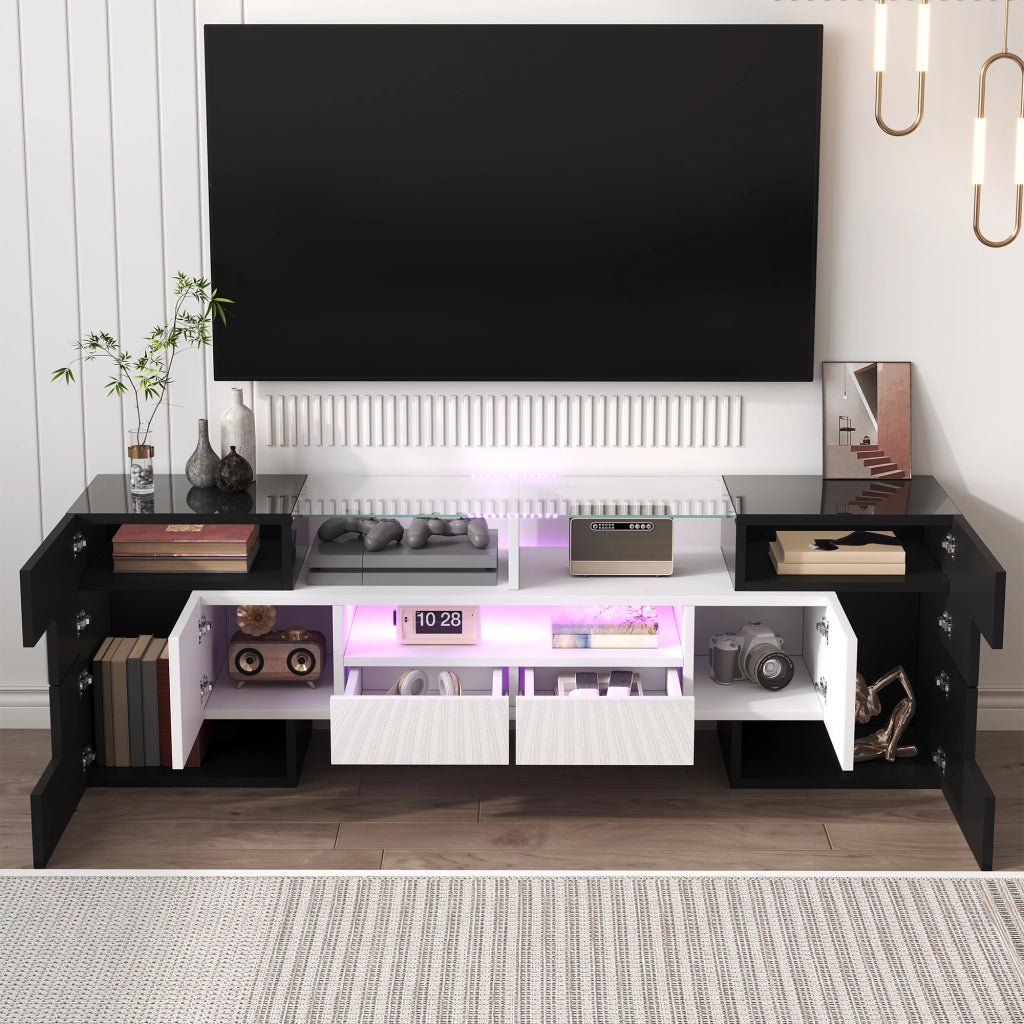 Mobile TV con 6 Ante; 2 Cassetti e LED Multicolore; Finitura Lucida Moderna; 145??30??51 cm; in Truciolare; Bianco e Nero