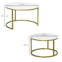 Set 2 Tavolini da Salotto Rotondi e Impilabili in Acciaio e Truciolato, Ø74x46.3 cm e Ø59x38.5 cm, Bianco e Oro