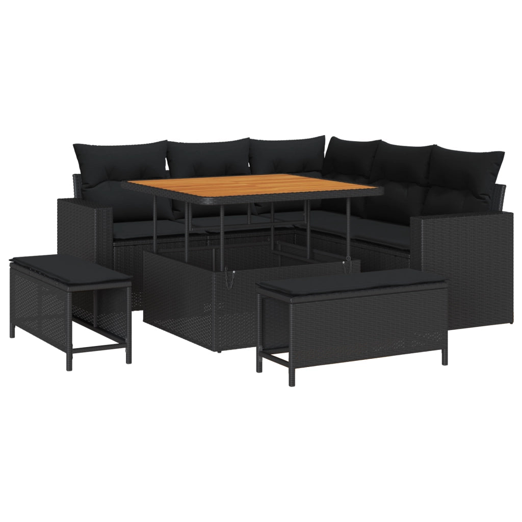 Set di divani da giardino  8 pezzi con cuscini Nero Polyrattan Acacia