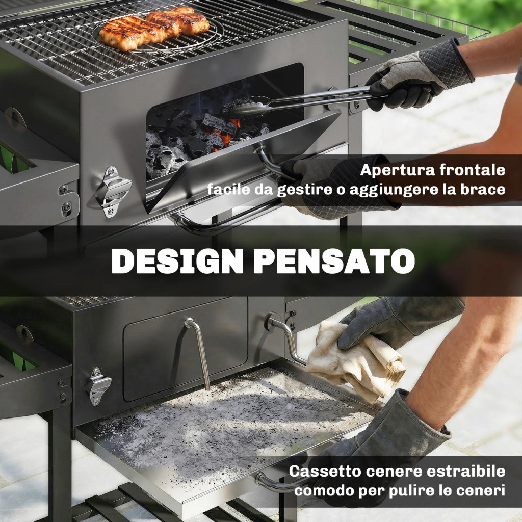 Barbecue a Carbone 133,5x65x110 cm a Rotelle con Griglia Regolabile e Ripiani Pieghevoli in Acciaio e PP Nero