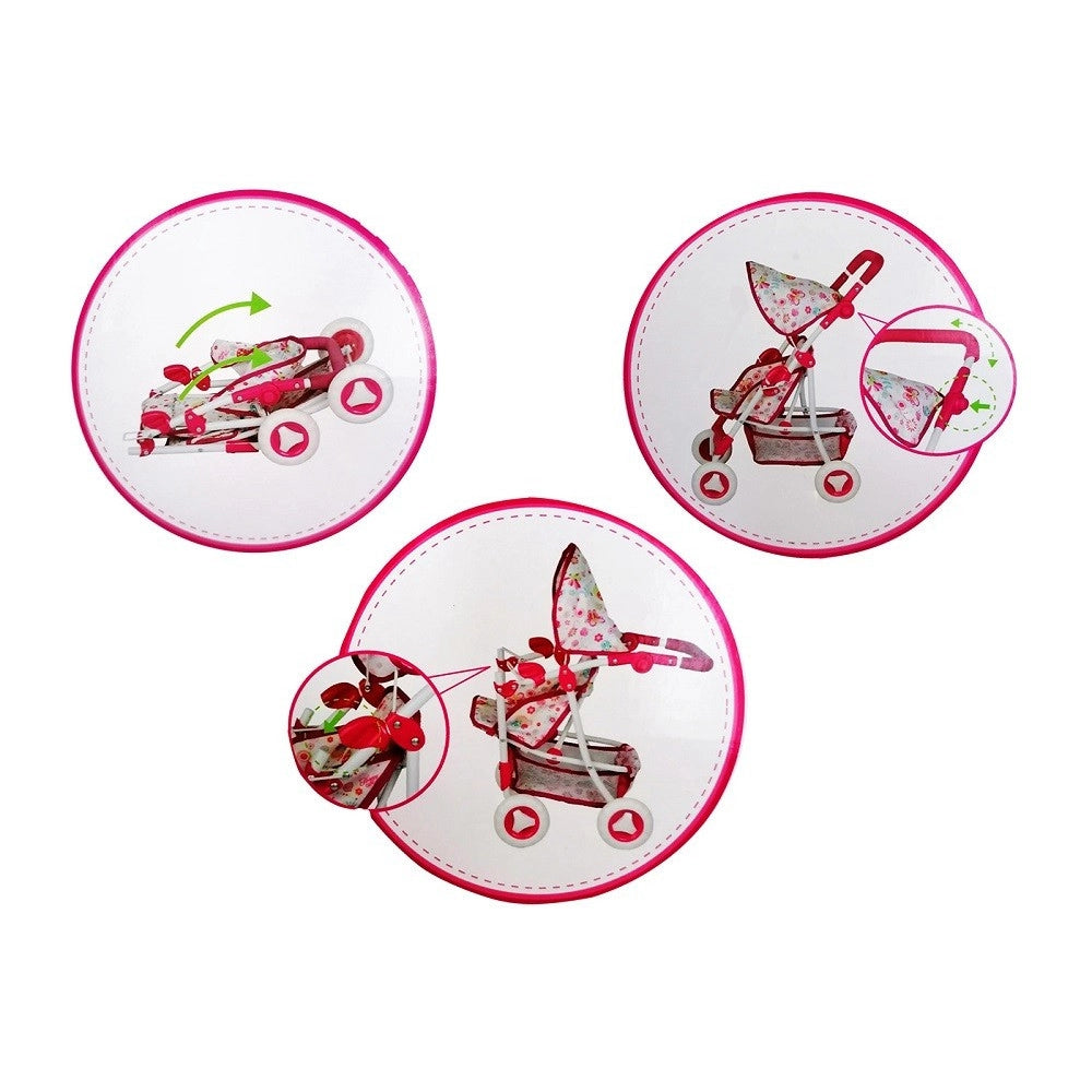 Trade Shop - Passeggino Giocattolo Per Bambola 60cm Rosa Carrozzino Metallo Richiudibile -