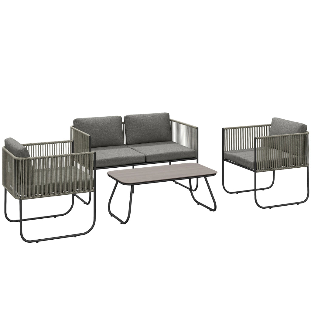 Set Lounge Polyrattan Esterno con Divano, Poltrona, Tavolino e Cuscini ¨C zephmum ¨C Marrone + Grigio Scuro 116x60x69 cm