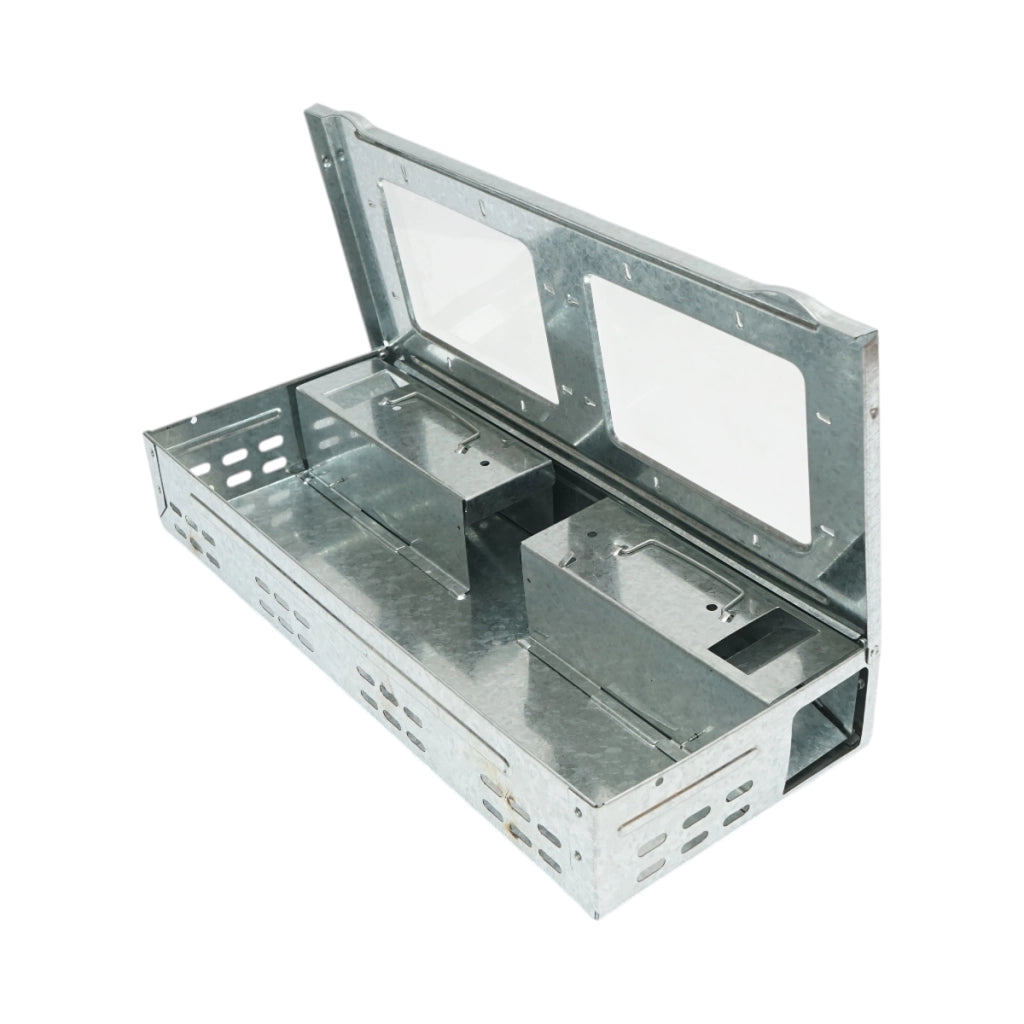 Trappola per topi professionale in metallo zincato, dimensioni 36,3x16,1x6,1 cm.