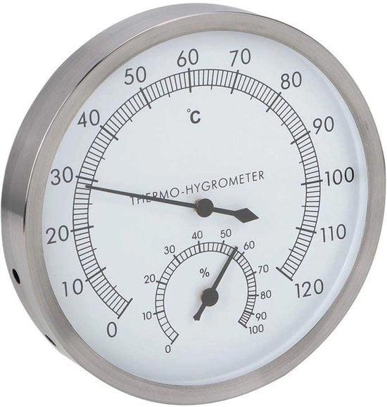 Termometro Sauna 2-in-1 - Idrometro - Acciaio Inossidabile - Portata Termica 10-120 °C - Portata Umidità 0-100% - Dimensioni 12,5 x 12,5 cm