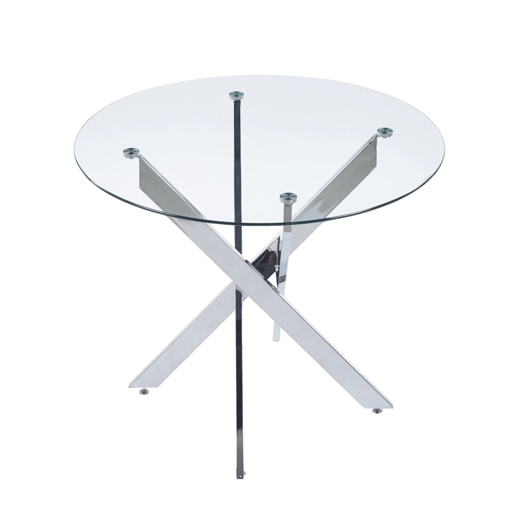 Tavolo da pranzo con piano in vetro e gambe in metallo stabile, per cucina e soggiorno, finitura silver