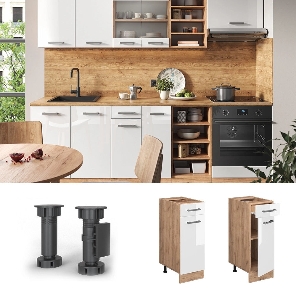Mobiletto base per cucina R-Line Bianco lucido/Rovere dorato 30 cm senza piano di lavoro Vicco