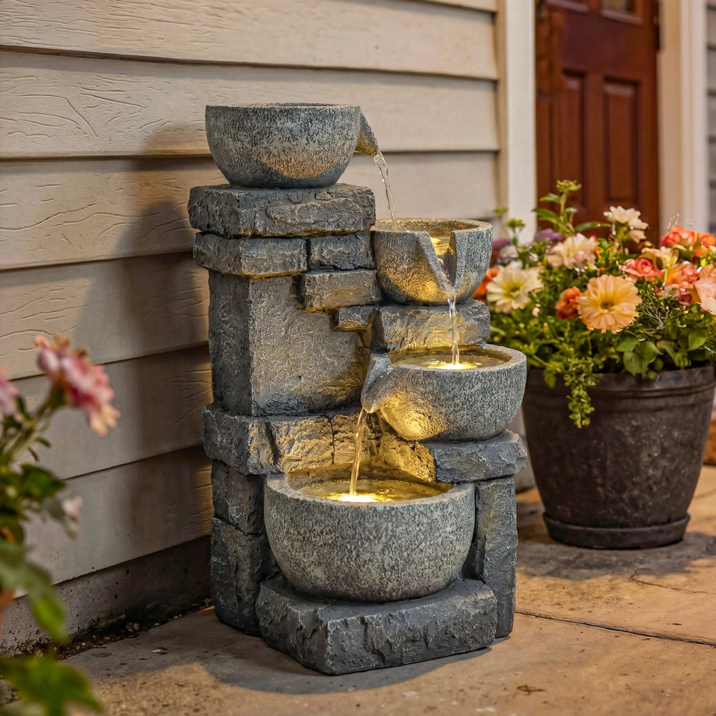 Fontana da Giardino a 4 Livelli con Luce LED ¨C zephmum ¨C Grigio