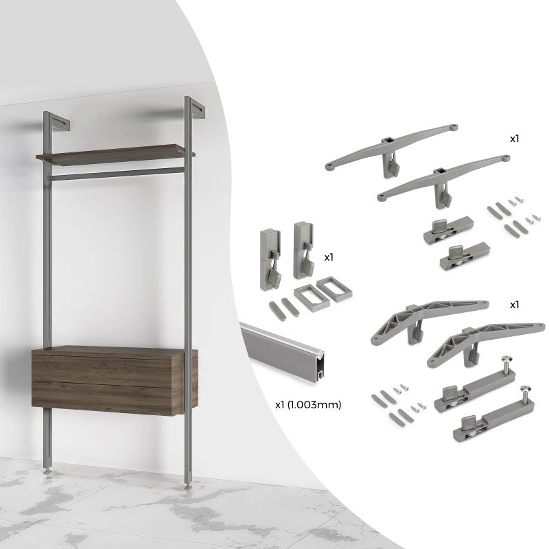 Kit di staffe per 1 ripiano in legno, 1 modulo e 1 asta di sospensione, lunghezza 1 m Zero, Zama, Verniciato nero test..