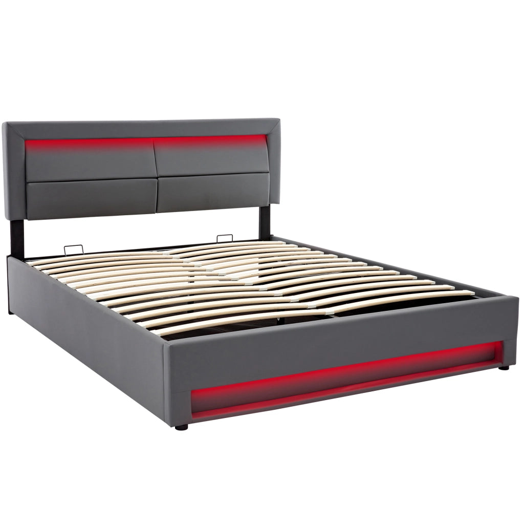 Letto imbottito 160x200 cm in PU grigio con USB; LED e contenitore