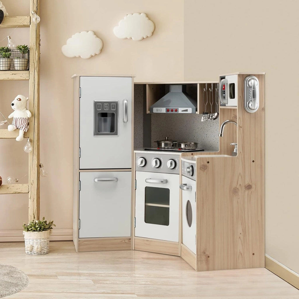 Cucina Giocattolo Legno per Bambini con Macchina del Ghiaccio, Telefono, Lavatrice, Forno, Microonde, Lavello e Rubinetto, Funzione Luci e Suoni, 3+ Anni