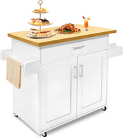 Carrello da Cucina con Ruote e Piano di Lavoro, Carrello Servizio in Legno con Portasciugamani e Portaspezie, Mobile Credenza Cucina Bianco, 115x90x36 cm