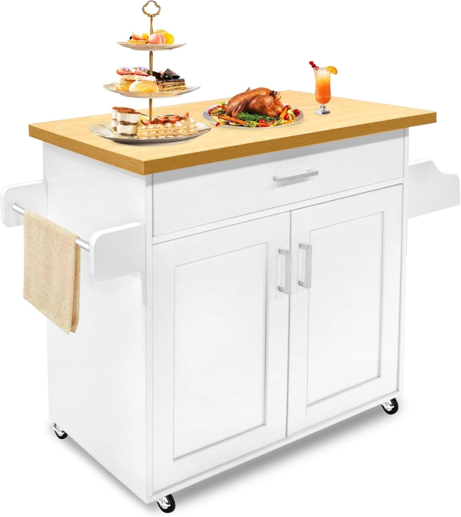Carrello da Cucina con Ruote e Piano di Lavoro, Carrello Servizio in Legno con Portasciugamani e Portaspezie, Mobile Credenza Cucina Bianco, 115x90x36 cm