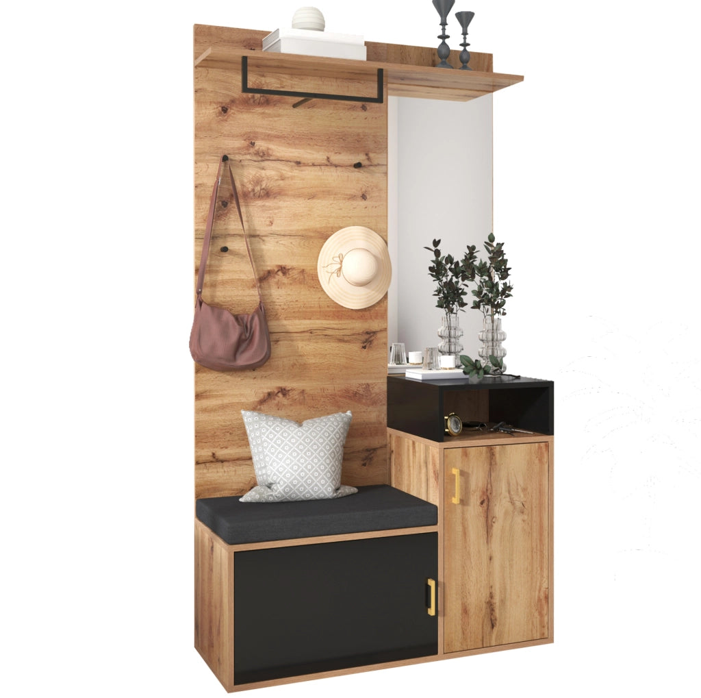Mobile ingresso con specchio; scarpiera; 4 ganci e panca; 105x40x191;5 cm; nero e legno