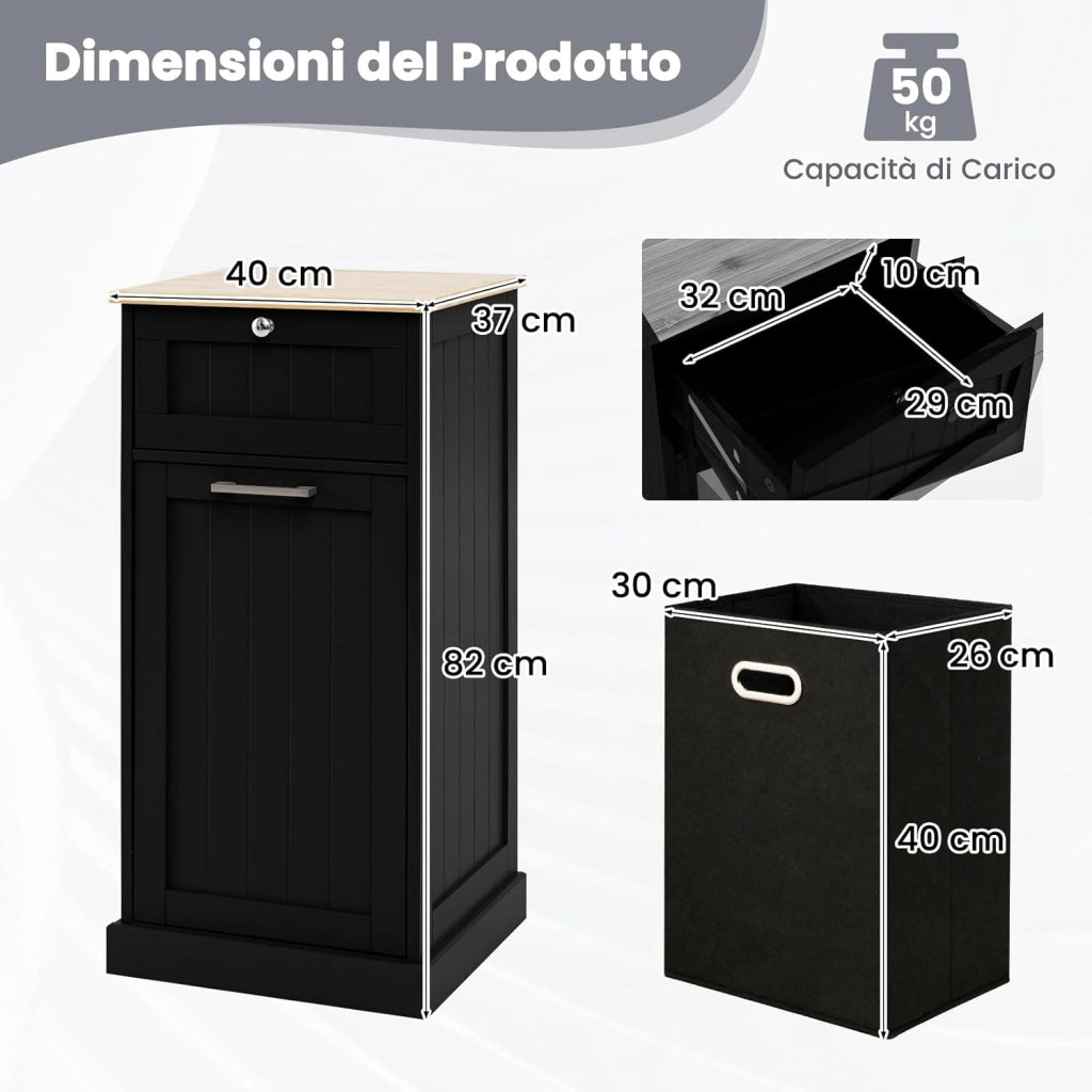 Mobile con Cesta Portabiancheria 40x37x82 cm, Cesto per Biancheria con Cassetto, Mobile Multiuso da Bagno (Nero)