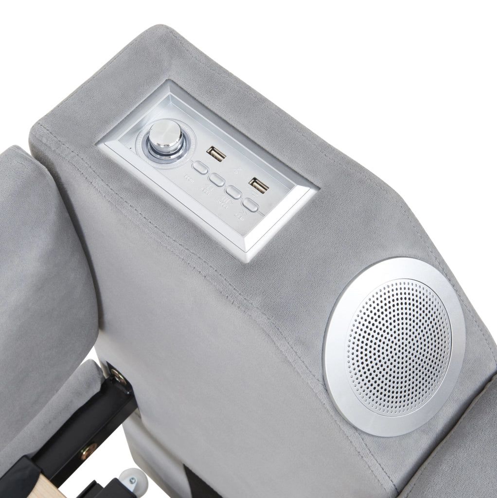 Divano letto multifunzionale 90/180x190 cm in velluto grigio con USB; Bluetooth e contenitori