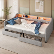 Letto da giorno 90 x 200 cm con rete a doghe; 2 cassetti; LED multicolore con telecomando; USB; lino e MDF; grigio