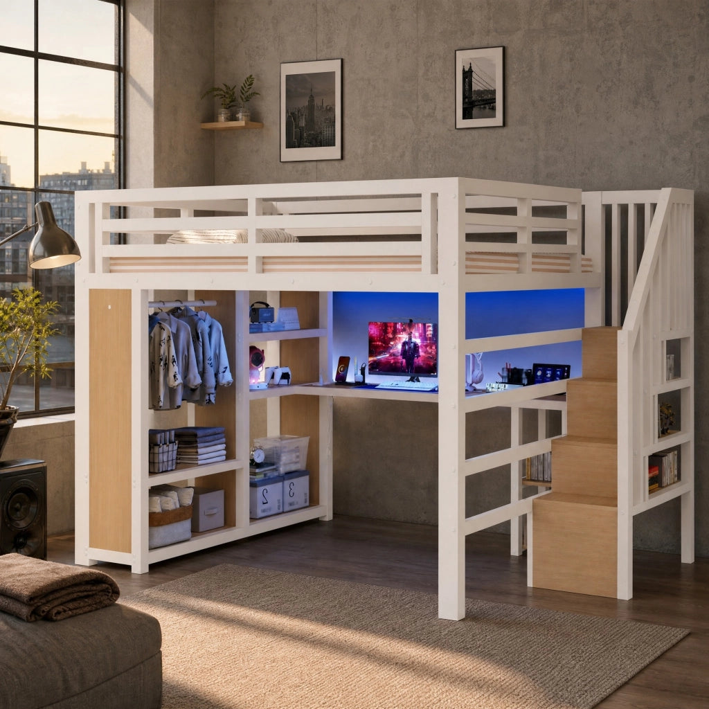 Letto a Soppalco 160x200 cm; Letto Matrimoniale - Scrivania; LED; USB; Armadio e Scala