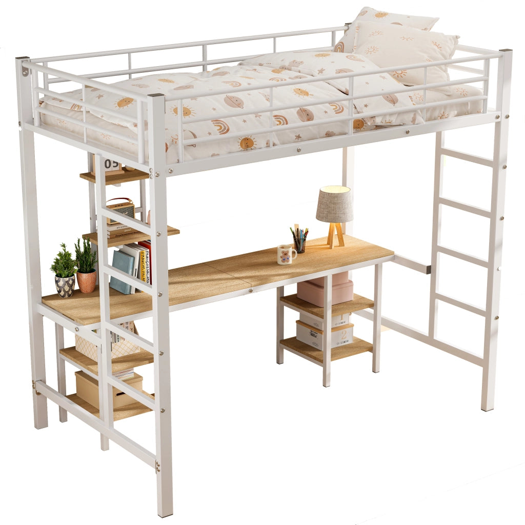 LETTO a castello con tavolo e ripiani 90x200 cm bianco